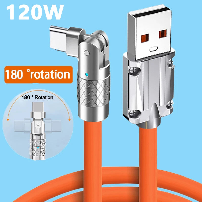 USB to Type C 180 Degree Rotation Charge Data Cable 120W Super Fast Charge Cord High Speed Data Transfer Wire for Iphone Samsung.