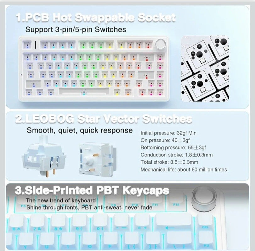 Pro Wireless Mechanical Gaming Keyboard,75% Hot Swappable RGB Backlit - Blue