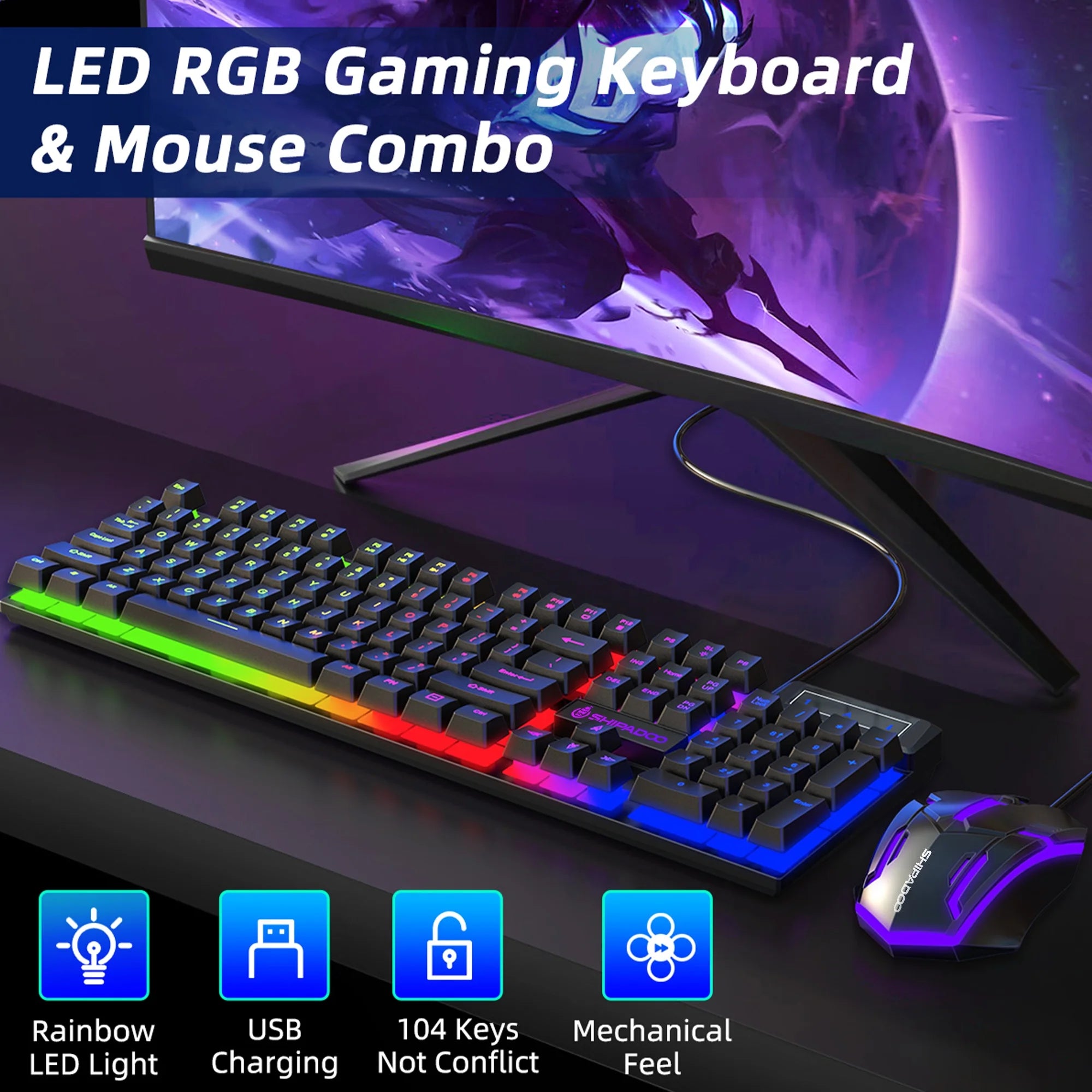 Wired Gaming Keyboard & Mouse Combo, RGB Backlit Mechanical Gaming Keyboard Mouse W/ Multimedia Keys, Anti-Ghosting Keys, Spill-Resistant for Windows PC Gamers Desktop Computer Laptop,Black